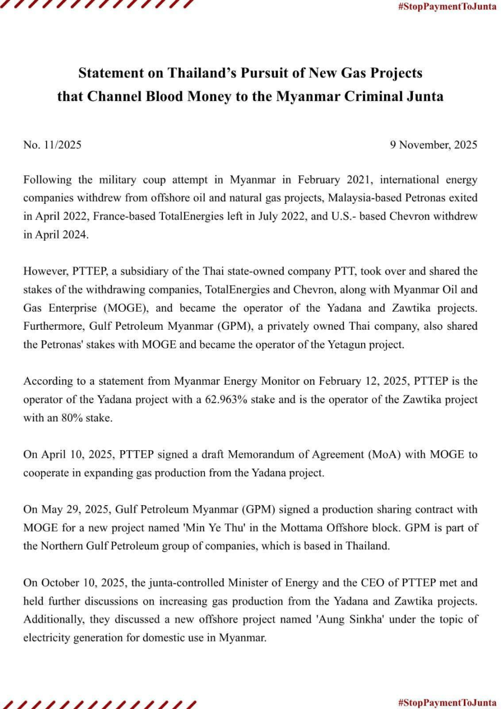 Blood Money Campaign แถลงการณ์ประณาม PTTEP และ Gulf Petroleum สนับสนุนเผด็จการทหารด้วย “เงินเปื้อนเลือด” จากโครงการก๊าซใหม่
